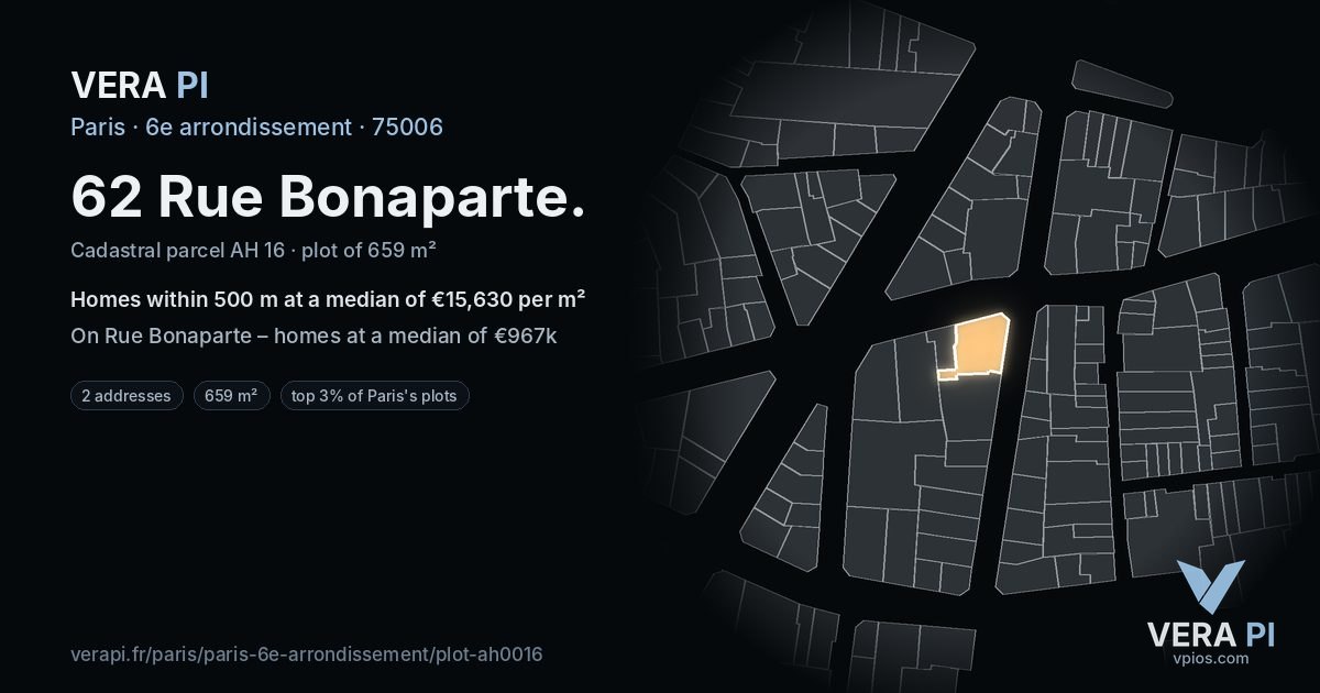 62 Rue Bonaparte, 6e arrondissement at night – the plot lit, the parcels around coloured by the prices near them