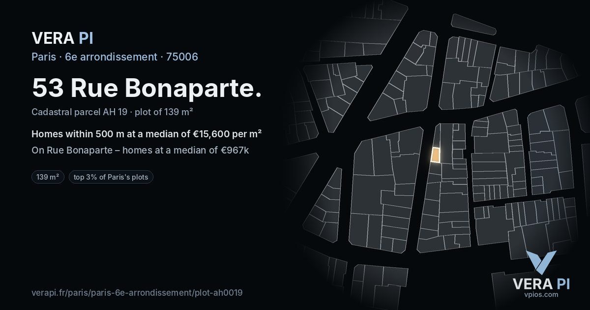 53 Rue Bonaparte, 6e arrondissement at night – the plot lit, the parcels around coloured by the prices near them