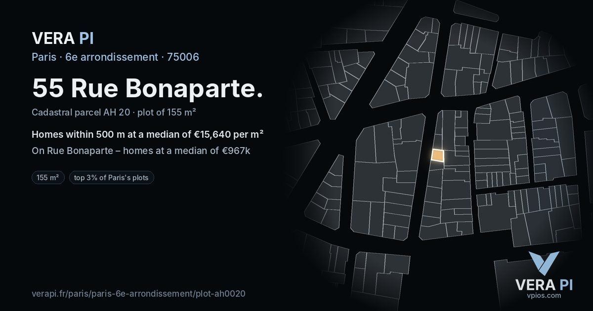 55 Rue Bonaparte, 6e arrondissement at night – the plot lit, the parcels around coloured by the prices near them