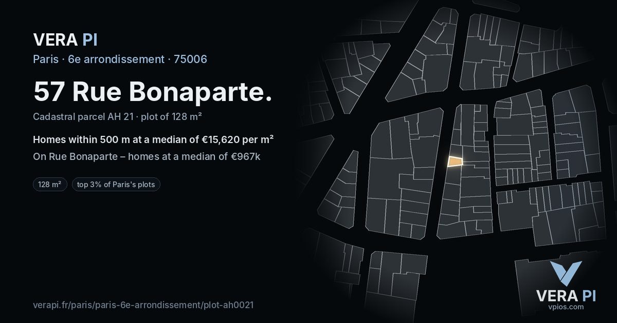 57 Rue Bonaparte, 6e arrondissement at night – the plot lit, the parcels around coloured by the prices near them