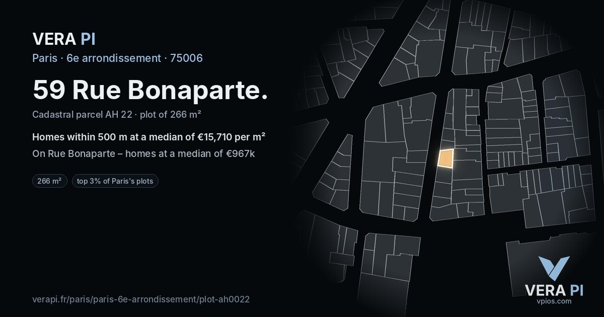 59 Rue Bonaparte, 6e arrondissement at night – the plot lit, the parcels around coloured by the prices near them