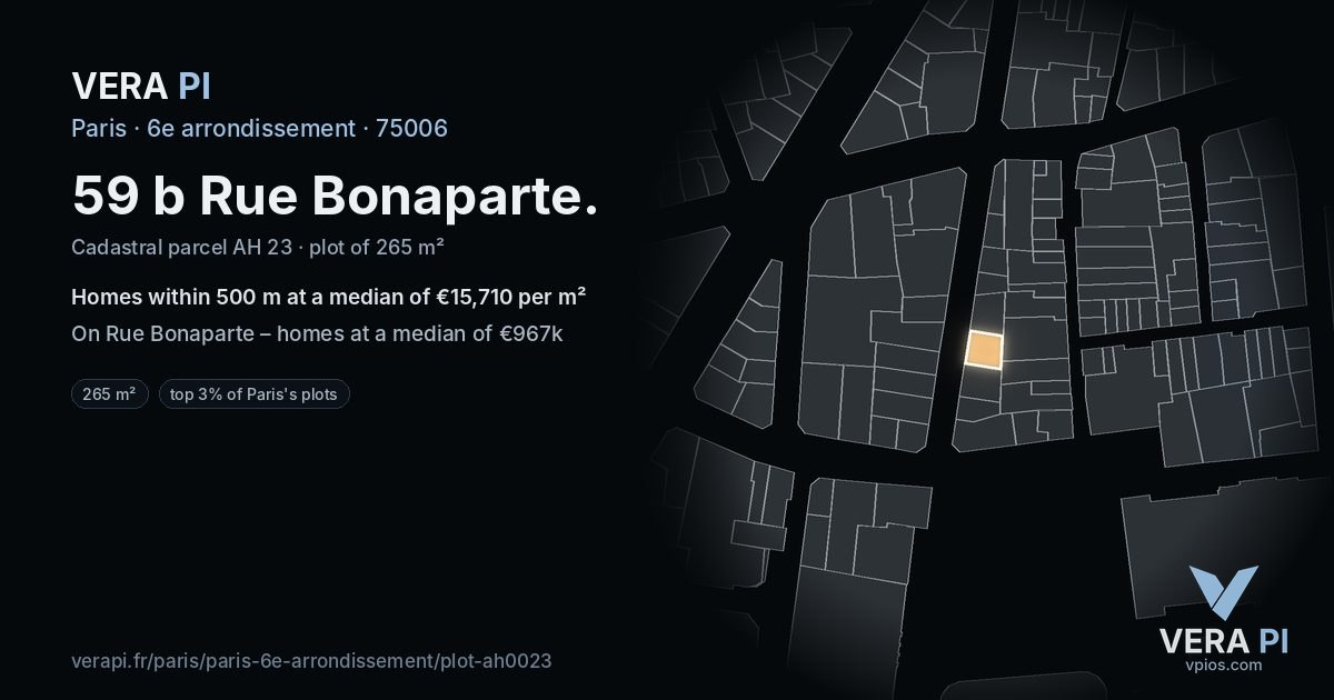 59 b Rue Bonaparte, 6e arrondissement at night – the plot lit, the parcels around coloured by the prices near them