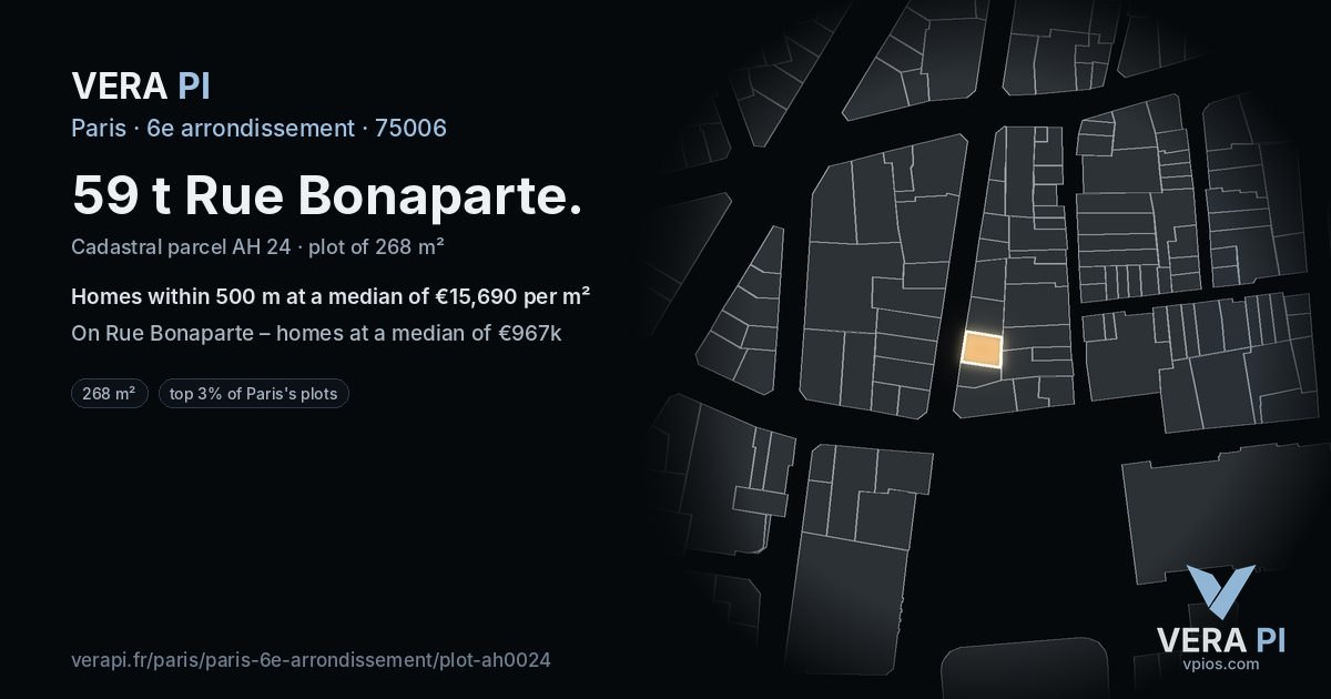 59 t Rue Bonaparte, 6e arrondissement at night – the plot lit, the parcels around coloured by the prices near them
