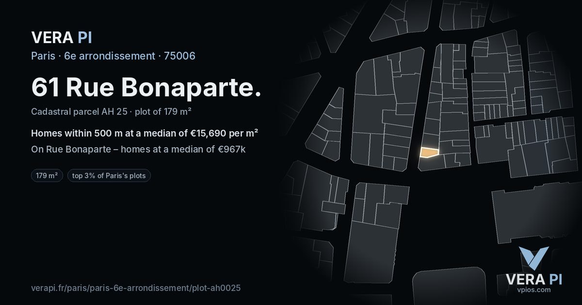 61 Rue Bonaparte, 6e arrondissement at night – the plot lit, the parcels around coloured by the prices near them