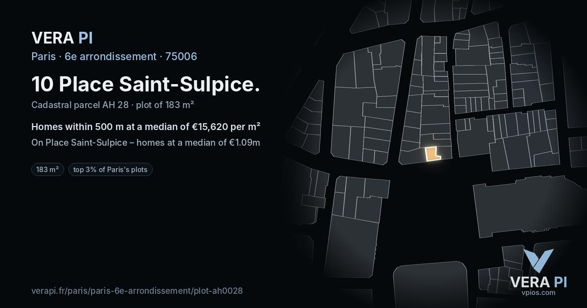 10 Place Saint-Sulpice, 6e arrondissement at night – the plot lit, the parcels around coloured by the prices near them