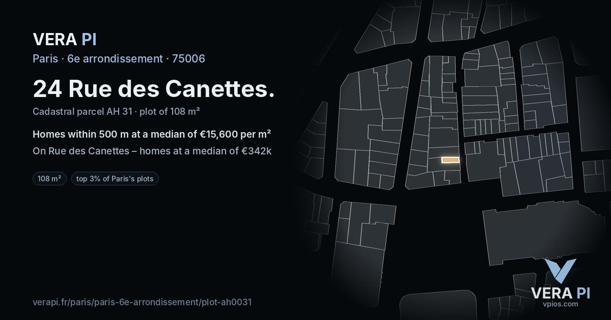 24 Rue des Canettes, 6e arrondissement at night – the plot lit, the parcels around coloured by the prices near them