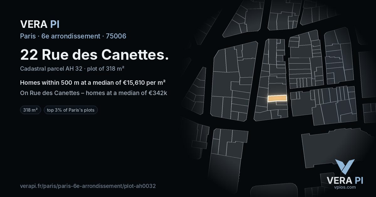 22 Rue des Canettes, 6e arrondissement at night – the plot lit, the parcels around coloured by the prices near them