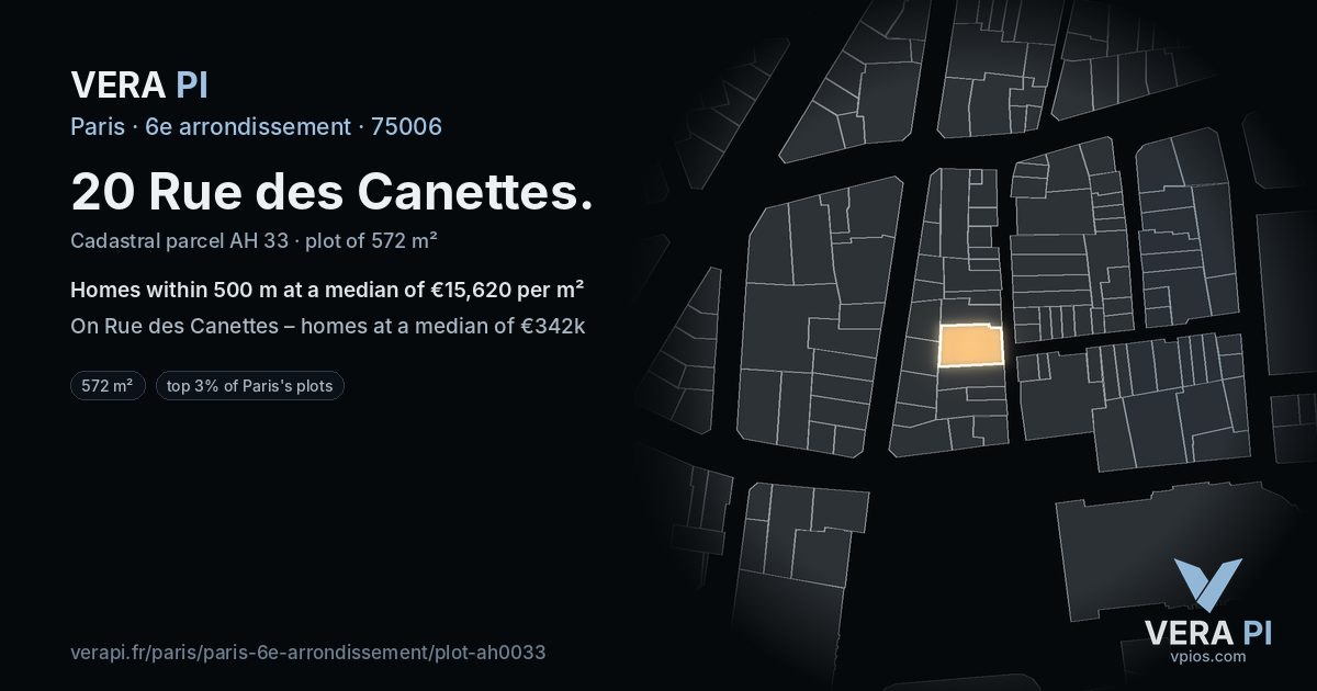 20 Rue des Canettes, 6e arrondissement at night – the plot lit, the parcels around coloured by the prices near them
