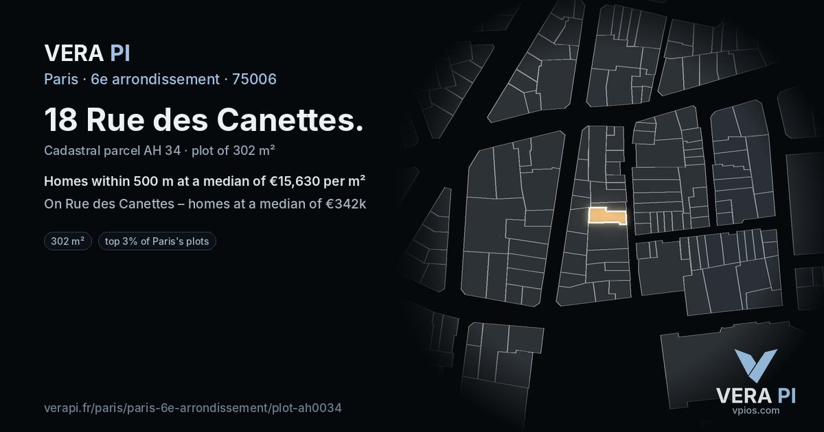 18 Rue des Canettes, 6e arrondissement at night – the plot lit, the parcels around coloured by the prices near them