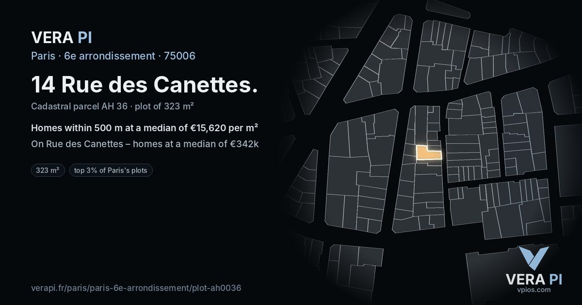 14 Rue des Canettes, 6e arrondissement at night – the plot lit, the parcels around coloured by the prices near them