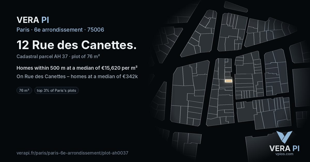 12 Rue des Canettes, 6e arrondissement at night – the plot lit, the parcels around coloured by the prices near them