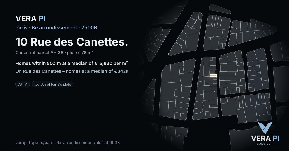 10 Rue des Canettes, 6e arrondissement at night – the plot lit, the parcels around coloured by the prices near them