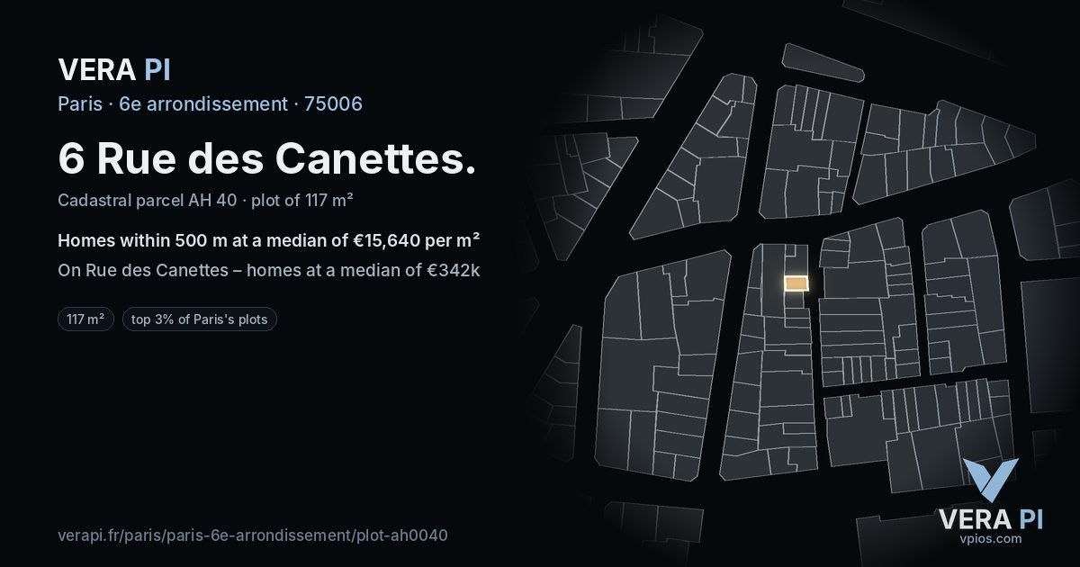 6 Rue des Canettes, 6e arrondissement at night – the plot lit, the parcels around coloured by the prices near them