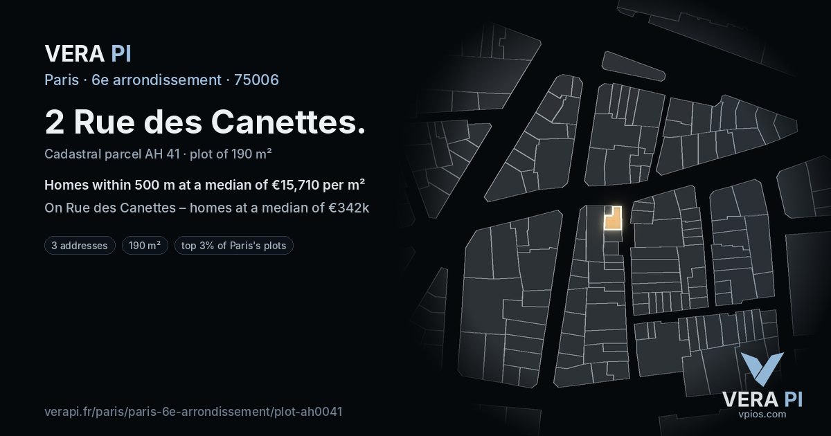 2 Rue des Canettes, 6e arrondissement at night – the plot lit, the parcels around coloured by the prices near them