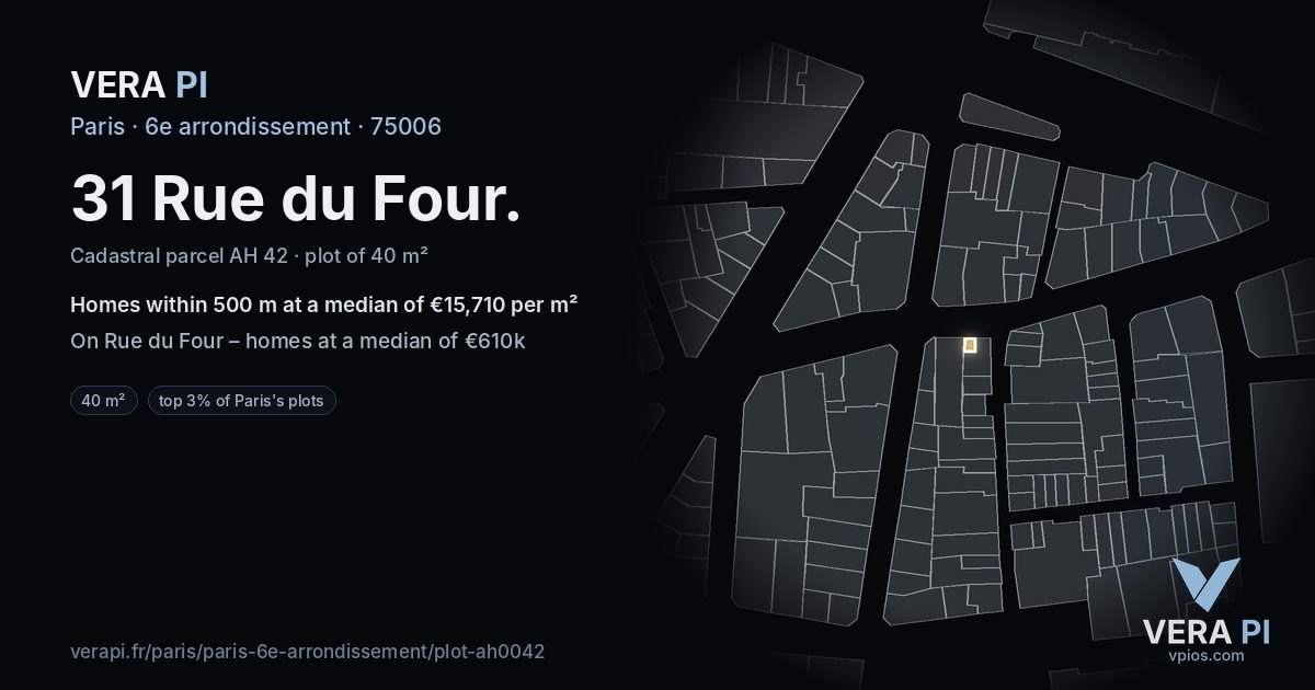 31 Rue du Four, 6e arrondissement at night – the plot lit, the parcels around coloured by the prices near them