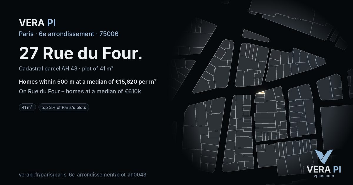 27 Rue du Four, 6e arrondissement at night – the plot lit, the parcels around coloured by the prices near them