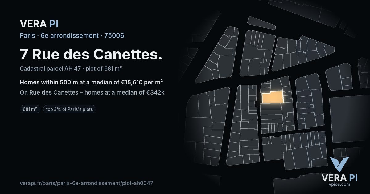 7 Rue des Canettes, 6e arrondissement at night – the plot lit, the parcels around coloured by the prices near them