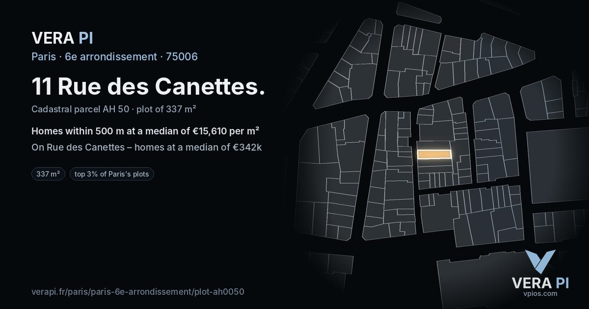 11 Rue des Canettes, 6e arrondissement at night – the plot lit, the parcels around coloured by the prices near them