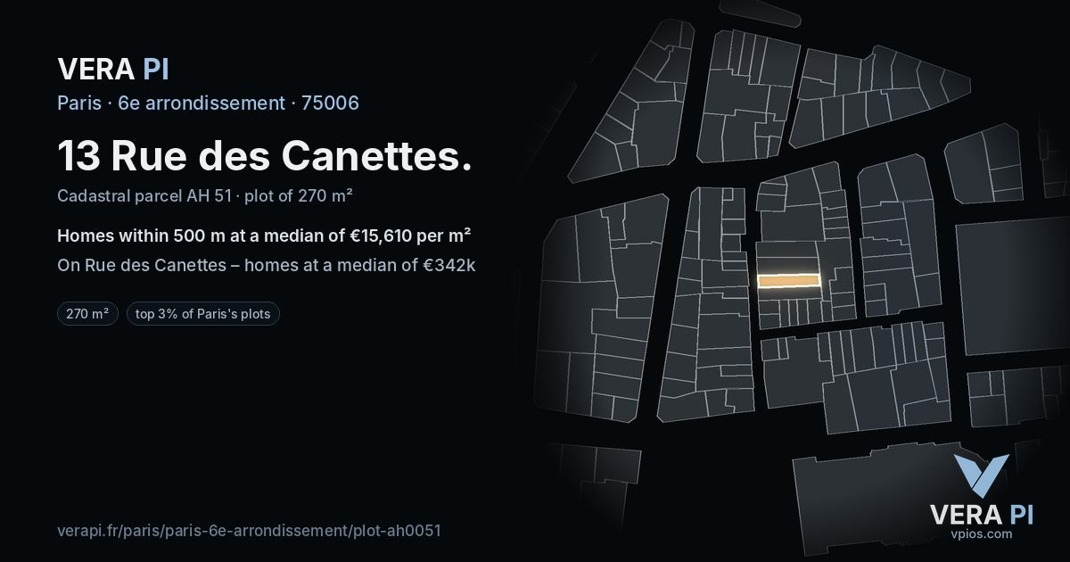 13 Rue des Canettes, 6e arrondissement at night – the plot lit, the parcels around coloured by the prices near them