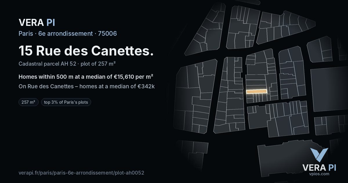 15 Rue des Canettes, 6e arrondissement at night – the plot lit, the parcels around coloured by the prices near them