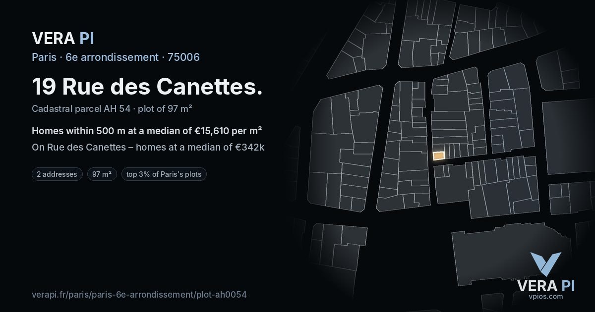 19 Rue des Canettes, 6e arrondissement at night – the plot lit, the parcels around coloured by the prices near them