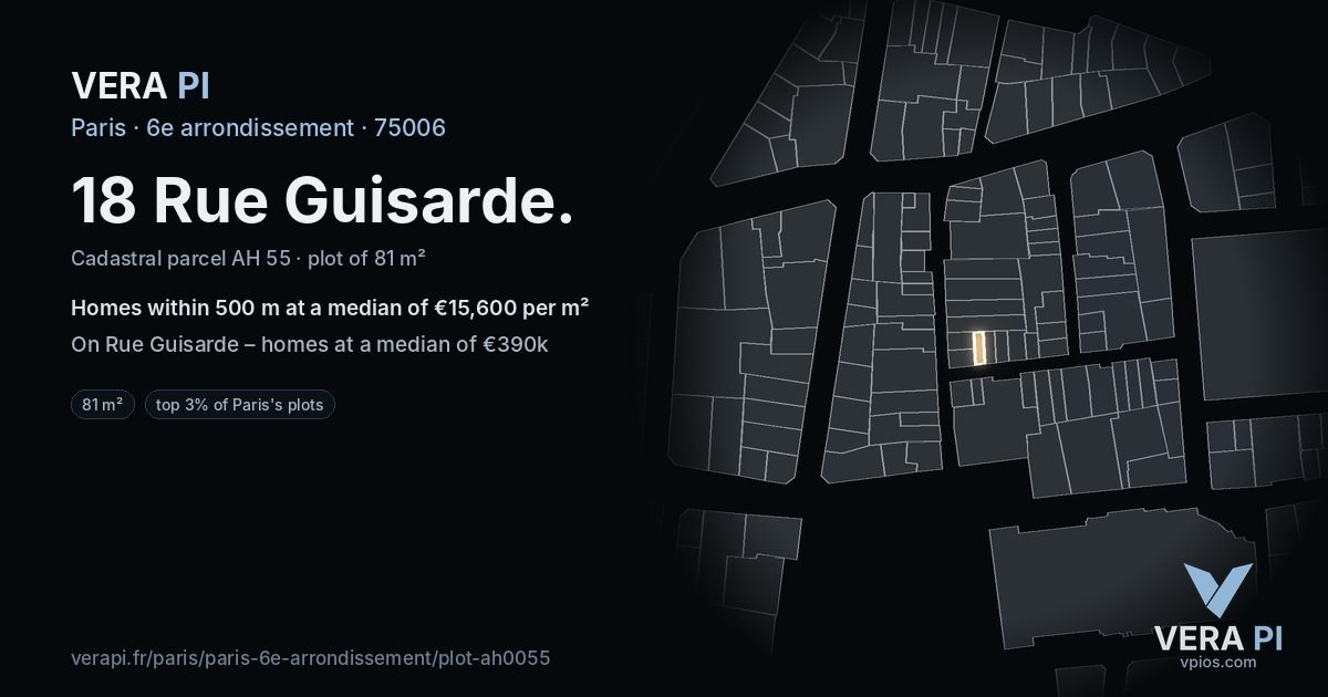 18 Rue Guisarde, 6e arrondissement at night – the plot lit, the parcels around coloured by the prices near them