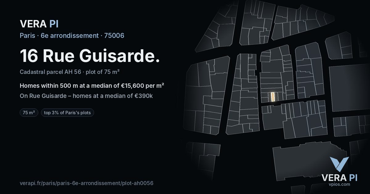 16 Rue Guisarde, 6e arrondissement at night – the plot lit, the parcels around coloured by the prices near them