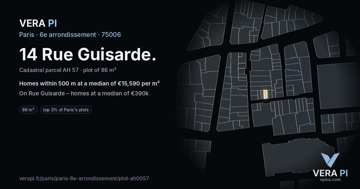 14 Rue Guisarde, 6e arrondissement at night – the plot lit, the parcels around coloured by the prices near them