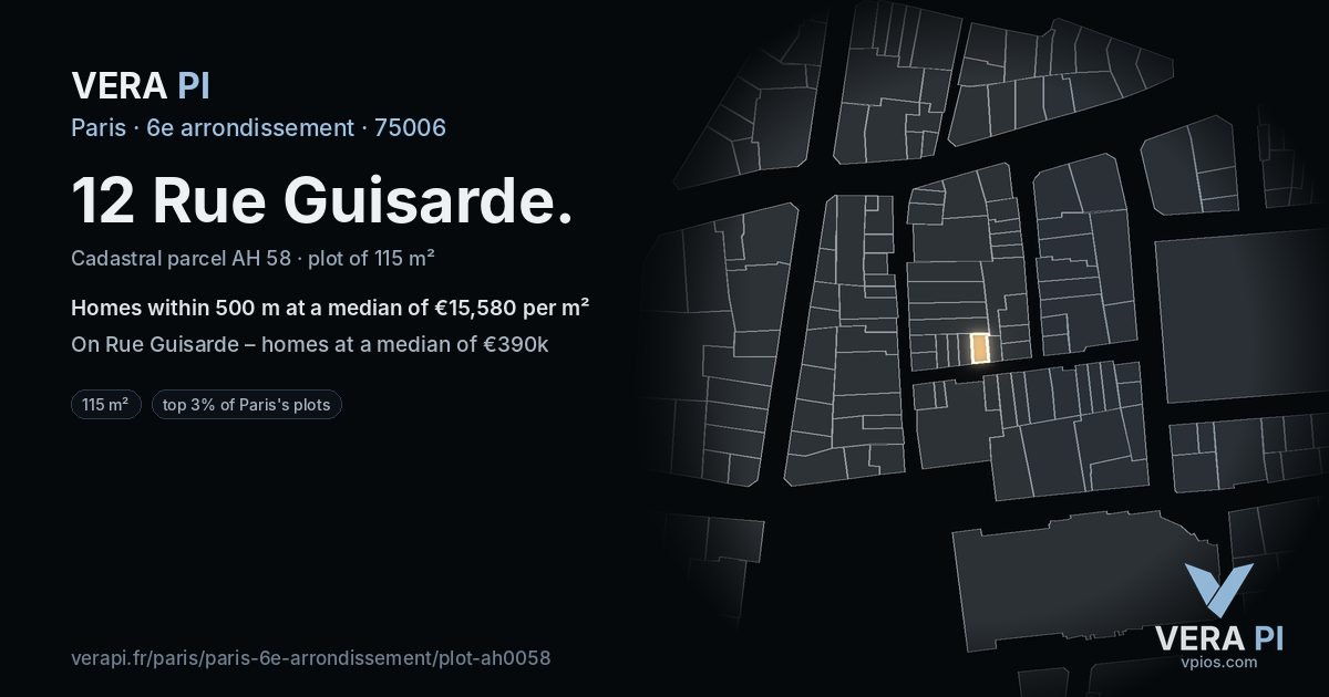 12 Rue Guisarde, 6e arrondissement at night – the plot lit, the parcels around coloured by the prices near them