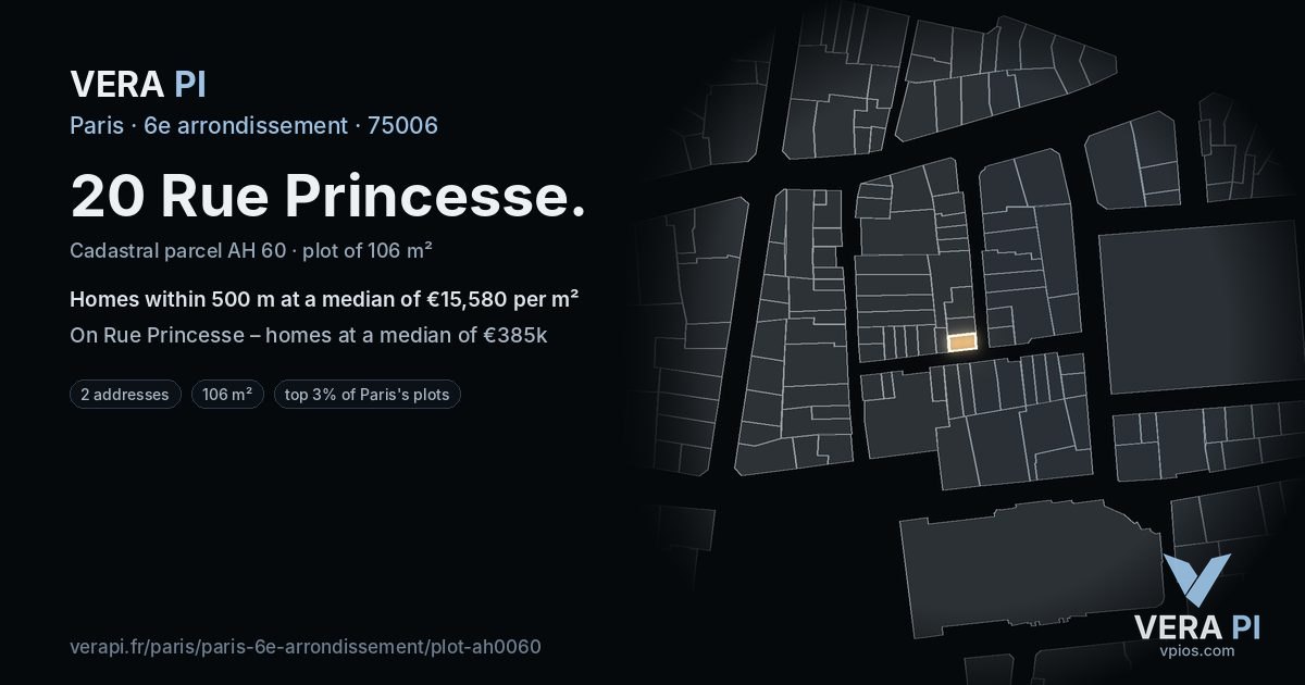 20 Rue Princesse, 6e arrondissement at night – the plot lit, the parcels around coloured by the prices near them