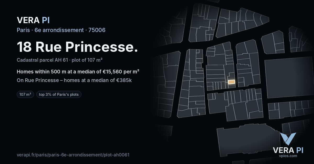 18 Rue Princesse, 6e arrondissement at night – the plot lit, the parcels around coloured by the prices near them