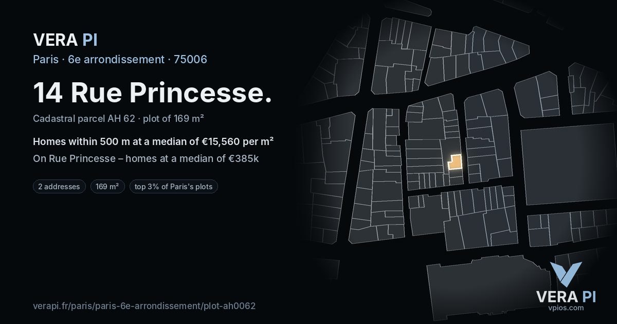 14 Rue Princesse, 6e arrondissement at night – the plot lit, the parcels around coloured by the prices near them