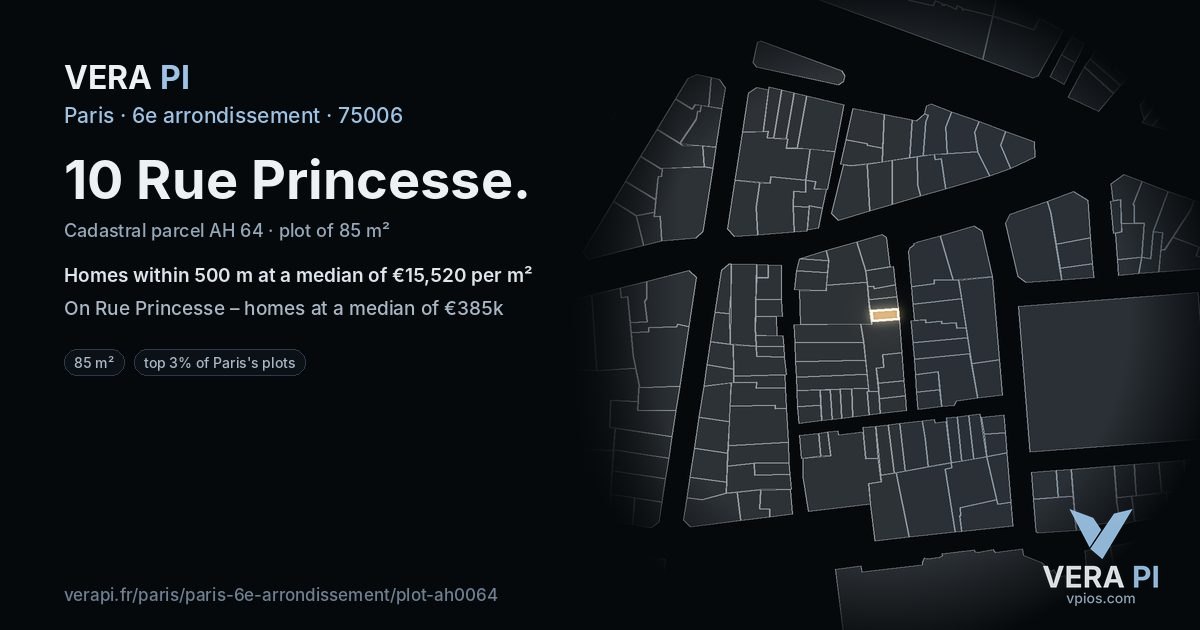 10 Rue Princesse, 6e arrondissement at night – the plot lit, the parcels around coloured by the prices near them