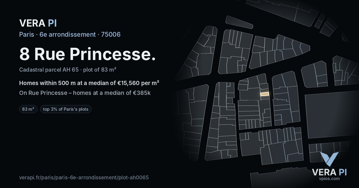 8 Rue Princesse, 6e arrondissement at night – the plot lit, the parcels around coloured by the prices near them