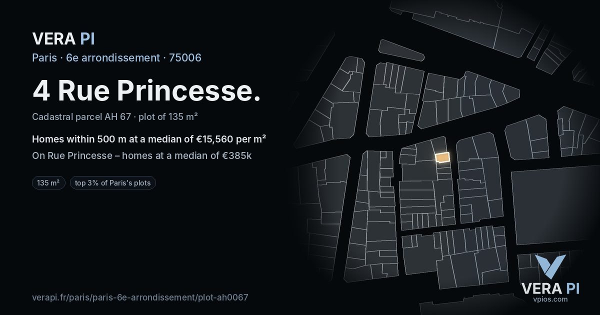 4 Rue Princesse, 6e arrondissement at night – the plot lit, the parcels around coloured by the prices near them