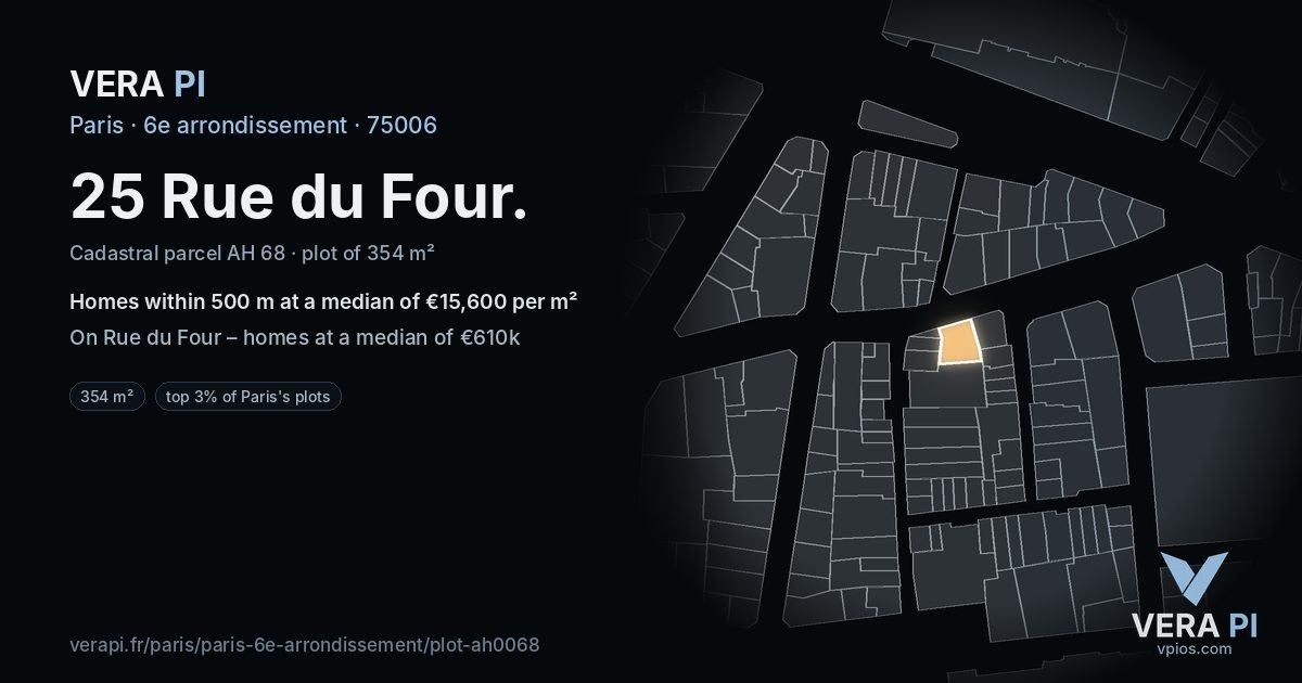 25 Rue du Four, 6e arrondissement at night – the plot lit, the parcels around coloured by the prices near them