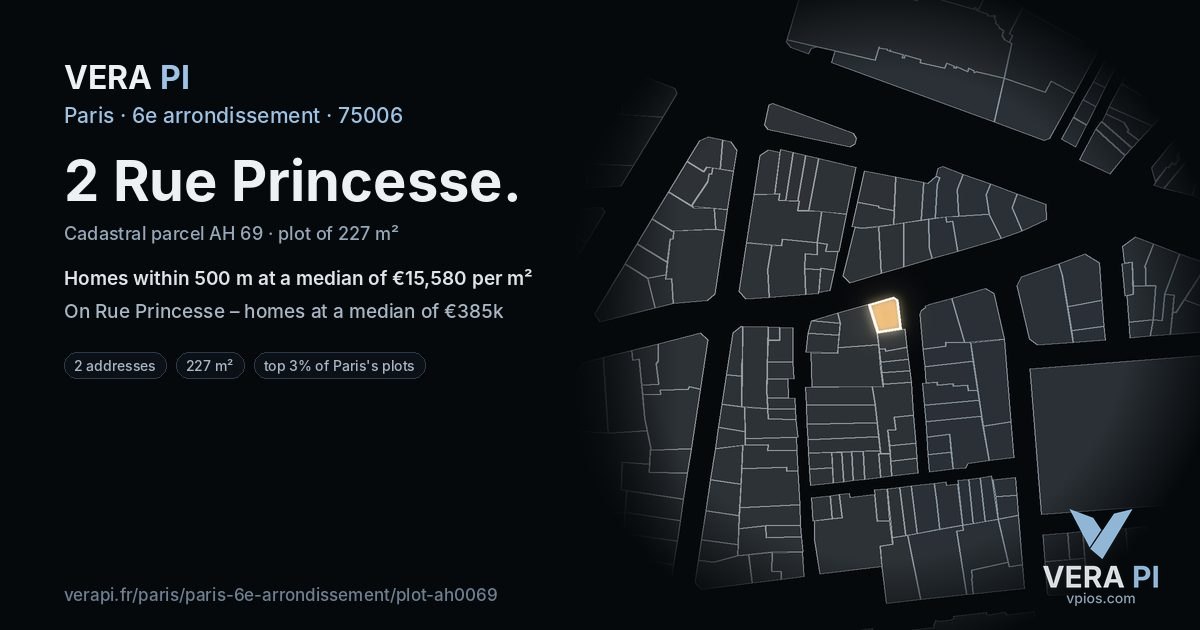 2 Rue Princesse, 6e arrondissement at night – the plot lit, the parcels around coloured by the prices near them