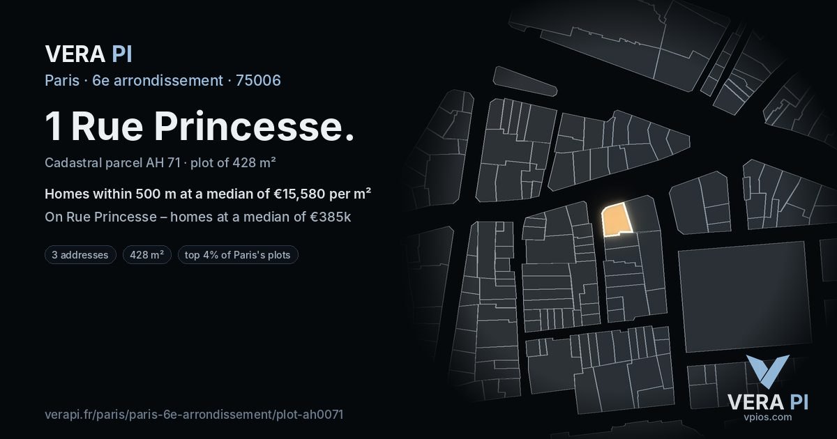 1 Rue Princesse, 6e arrondissement at night – the plot lit, the parcels around coloured by the prices near them