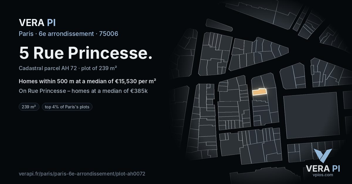 5 Rue Princesse, 6e arrondissement at night – the plot lit, the parcels around coloured by the prices near them
