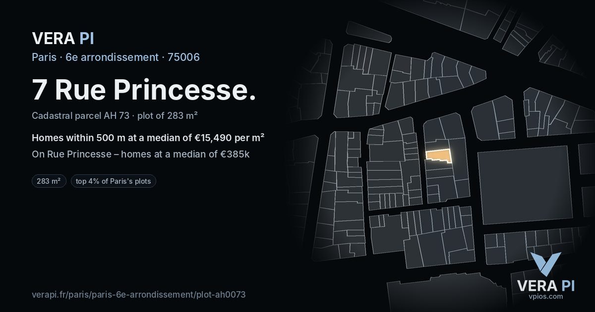 7 Rue Princesse, 6e arrondissement at night – the plot lit, the parcels around coloured by the prices near them