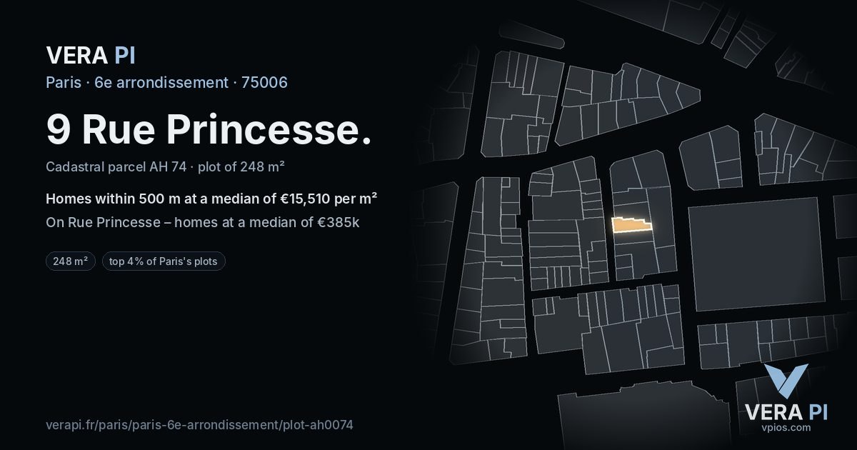 9 Rue Princesse, 6e arrondissement at night – the plot lit, the parcels around coloured by the prices near them