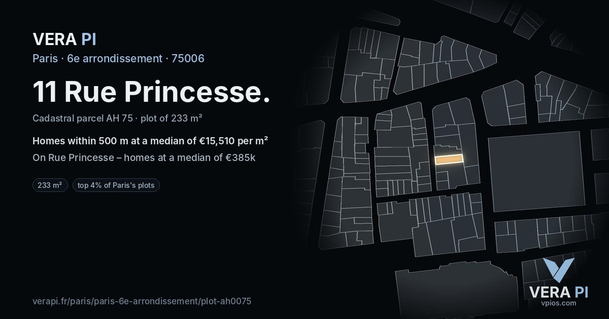 11 Rue Princesse, 6e arrondissement at night – the plot lit, the parcels around coloured by the prices near them
