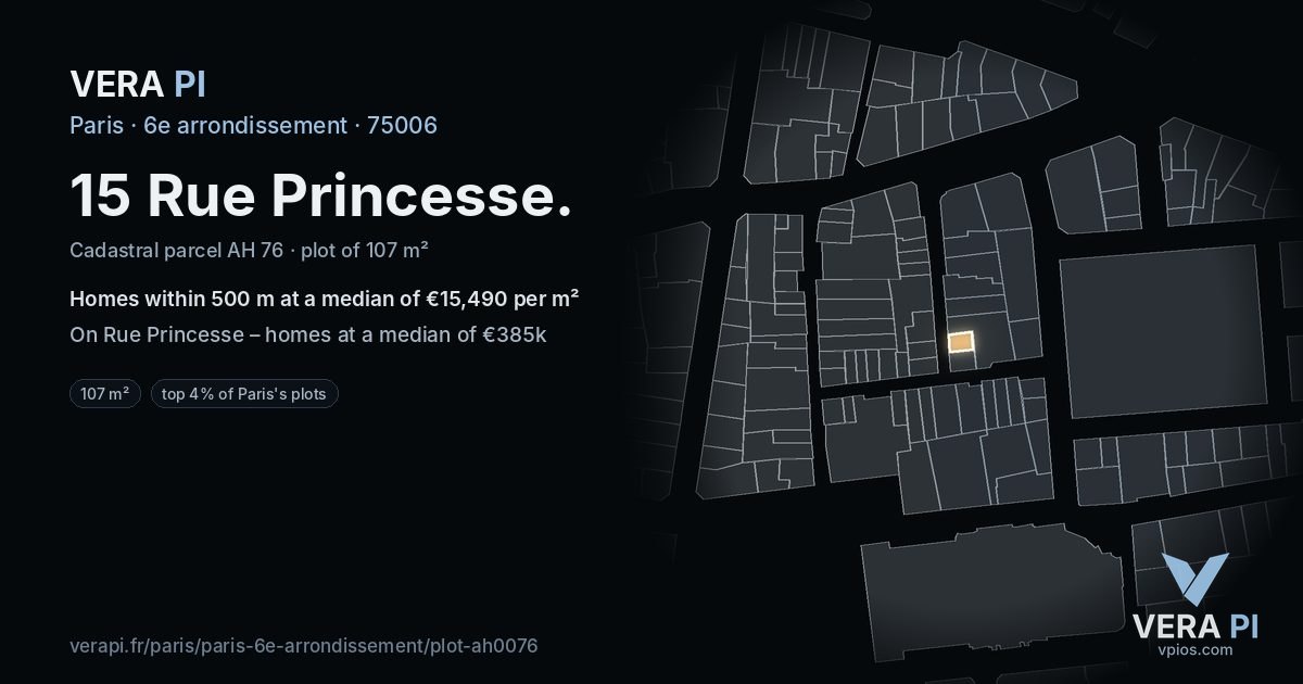 15 Rue Princesse, 6e arrondissement at night – the plot lit, the parcels around coloured by the prices near them