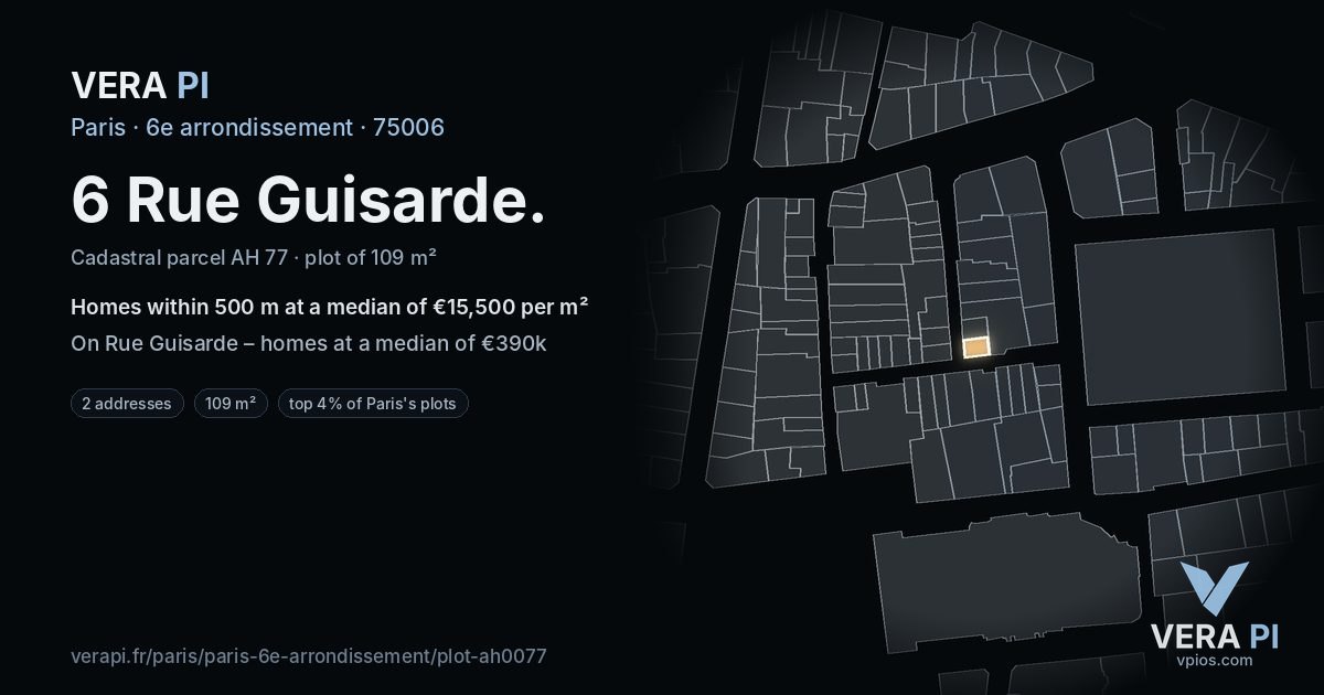 6 Rue Guisarde, 6e arrondissement at night – the plot lit, the parcels around coloured by the prices near them