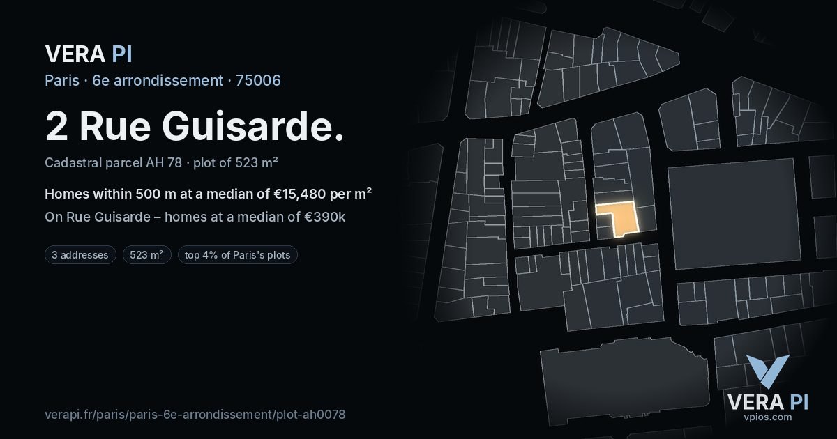 2 Rue Guisarde, 6e arrondissement at night – the plot lit, the parcels around coloured by the prices near them