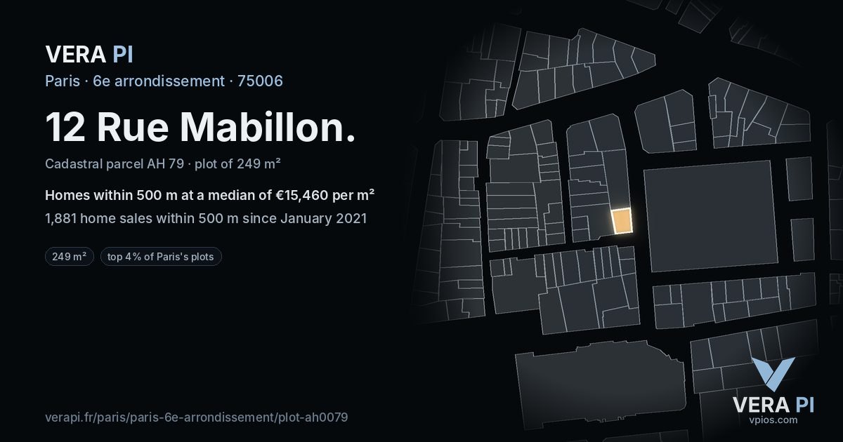 12 Rue Mabillon, 6e arrondissement at night – the plot lit, the parcels around coloured by the prices near them