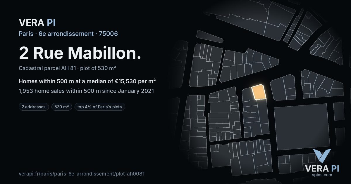 2 Rue Mabillon, 6e arrondissement at night – the plot lit, the parcels around coloured by the prices near them