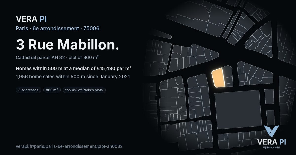 3 Rue Mabillon, 6e arrondissement at night – the plot lit, the parcels around coloured by the prices near them