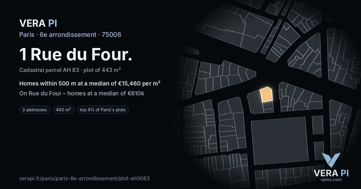 1 Rue du Four, 6e arrondissement at night – the plot lit, the parcels around coloured by the prices near them