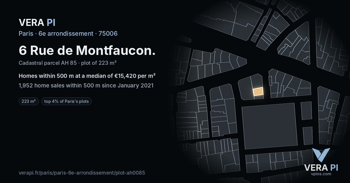 6 Rue de Montfaucon, 6e arrondissement at night – the plot lit, the parcels around coloured by the prices near them